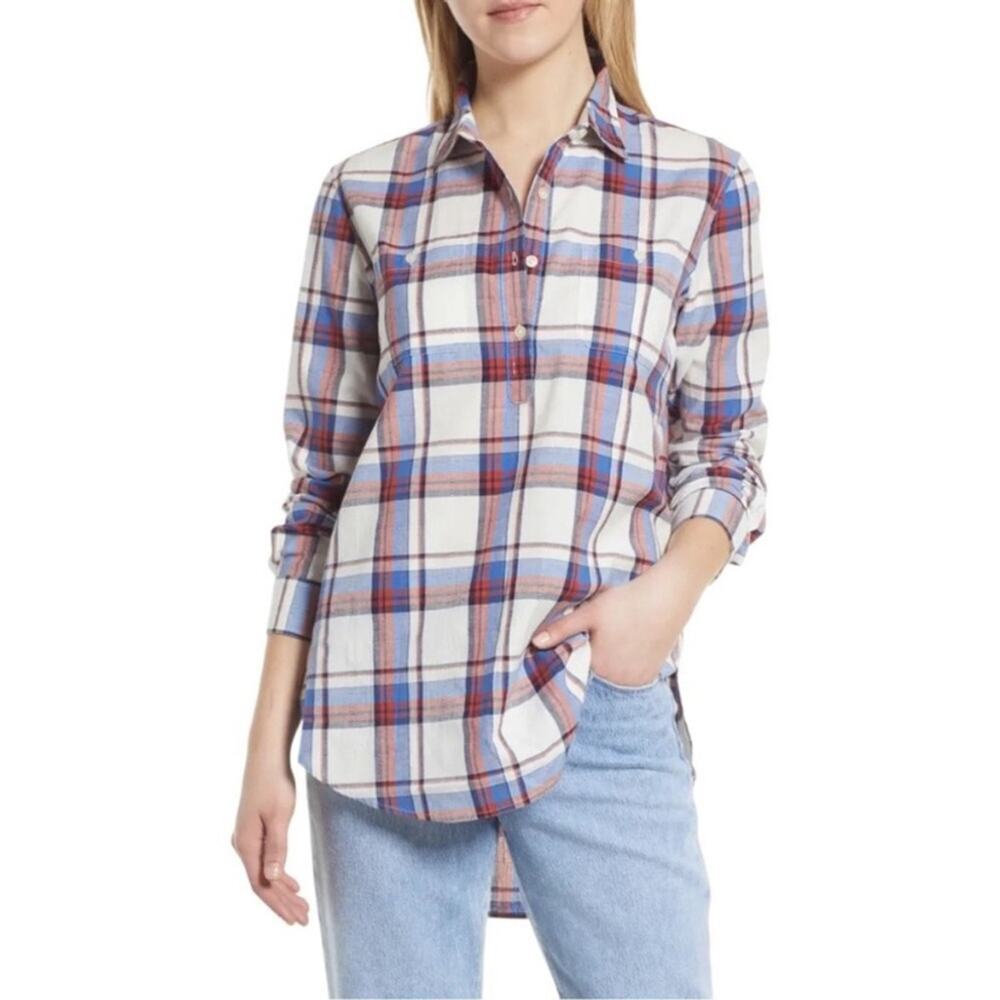 Caslon Plaid Cotton Longline Button-Up Shirt Small Blue Red White NWT